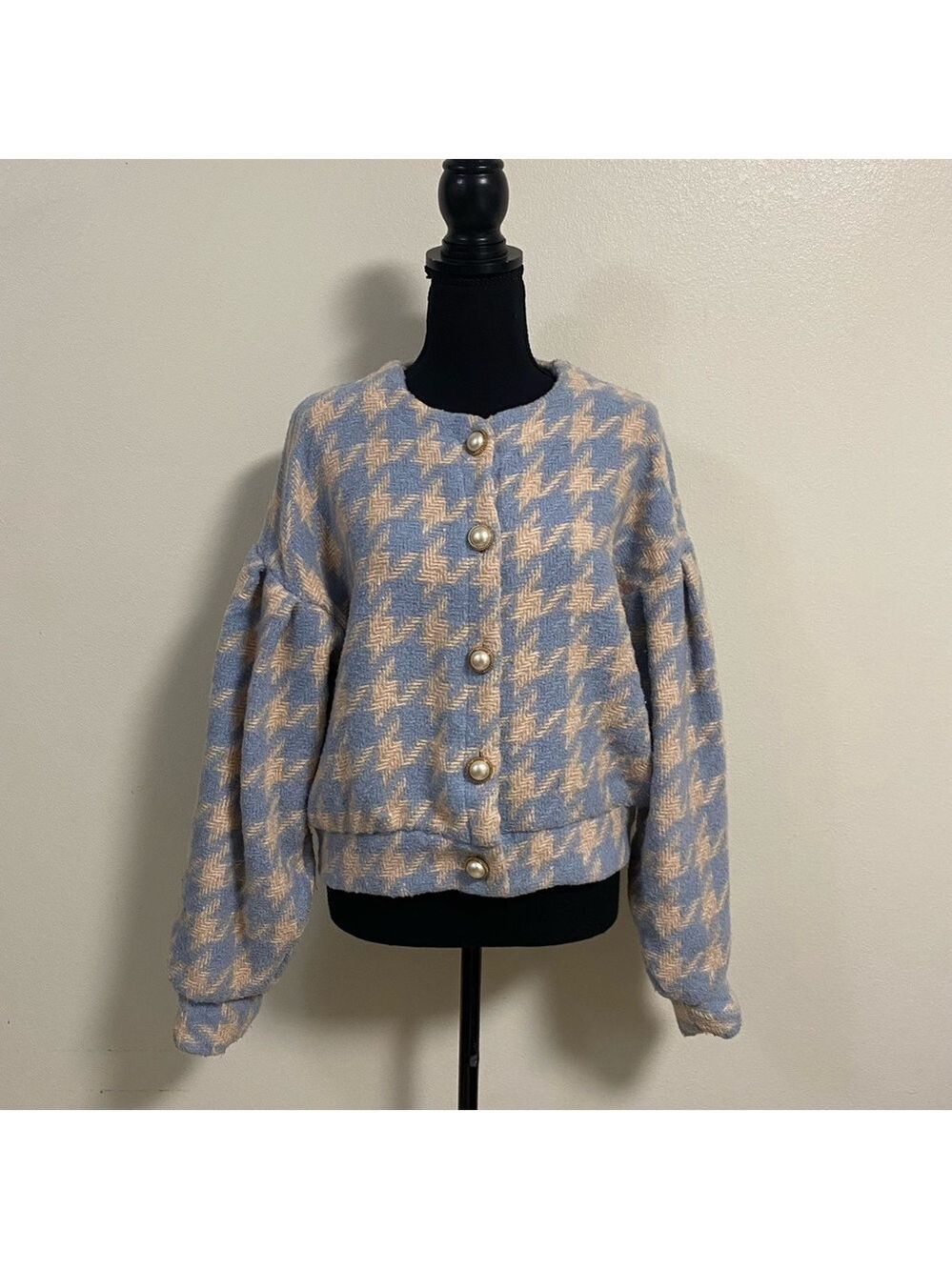 Storets Cardigan Women’s Size Medium Blue Cream Lori Houndstooth Cardigan